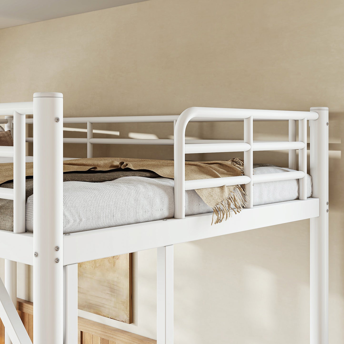 variant-group:rf-w1580p455012|Roomfitters Twin Size Metal Loft Bed Frame with Guardrails, Heavy Duty Space Saving High Loft Bed Dual Ladders, White