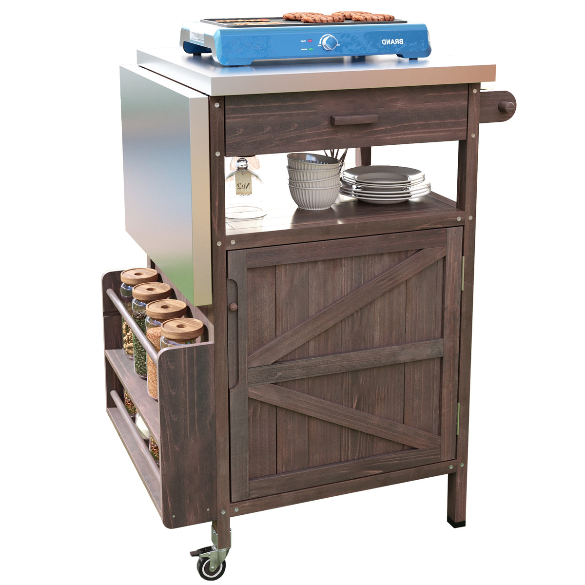 variant-group:rf-n707p228272z|Roomfitters 40.5" Outdoor Grill Cart with Stainless Steel Top, Wood Storage Cabinet, Drop Leaf, Rolling Cart, Brown
