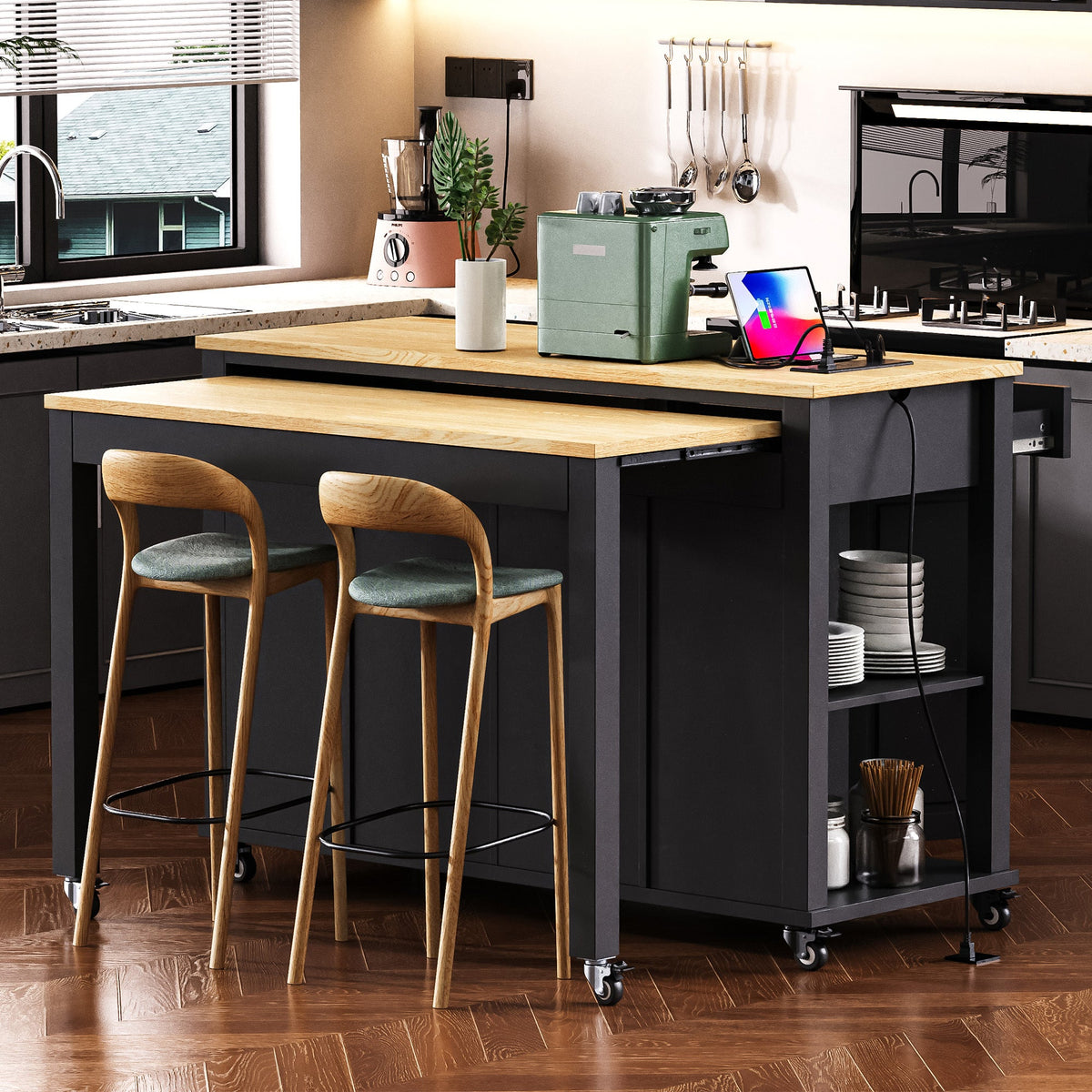 Roomfitters 47" Kitchen Island with Slide-Out Dining Table, Mobile Cart with Built-in Outlets, Internal Racks, Black