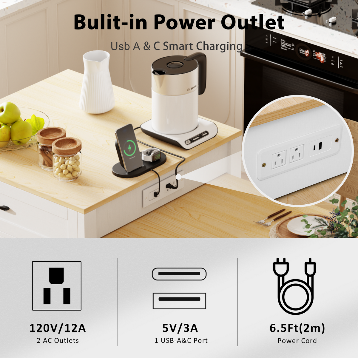 variant-group:rf-n707s000010w|Roomfitters 82.7" Kitchen Island with Extendable Table, Two-Tone Design, Double Storage, Power Outlet, White
