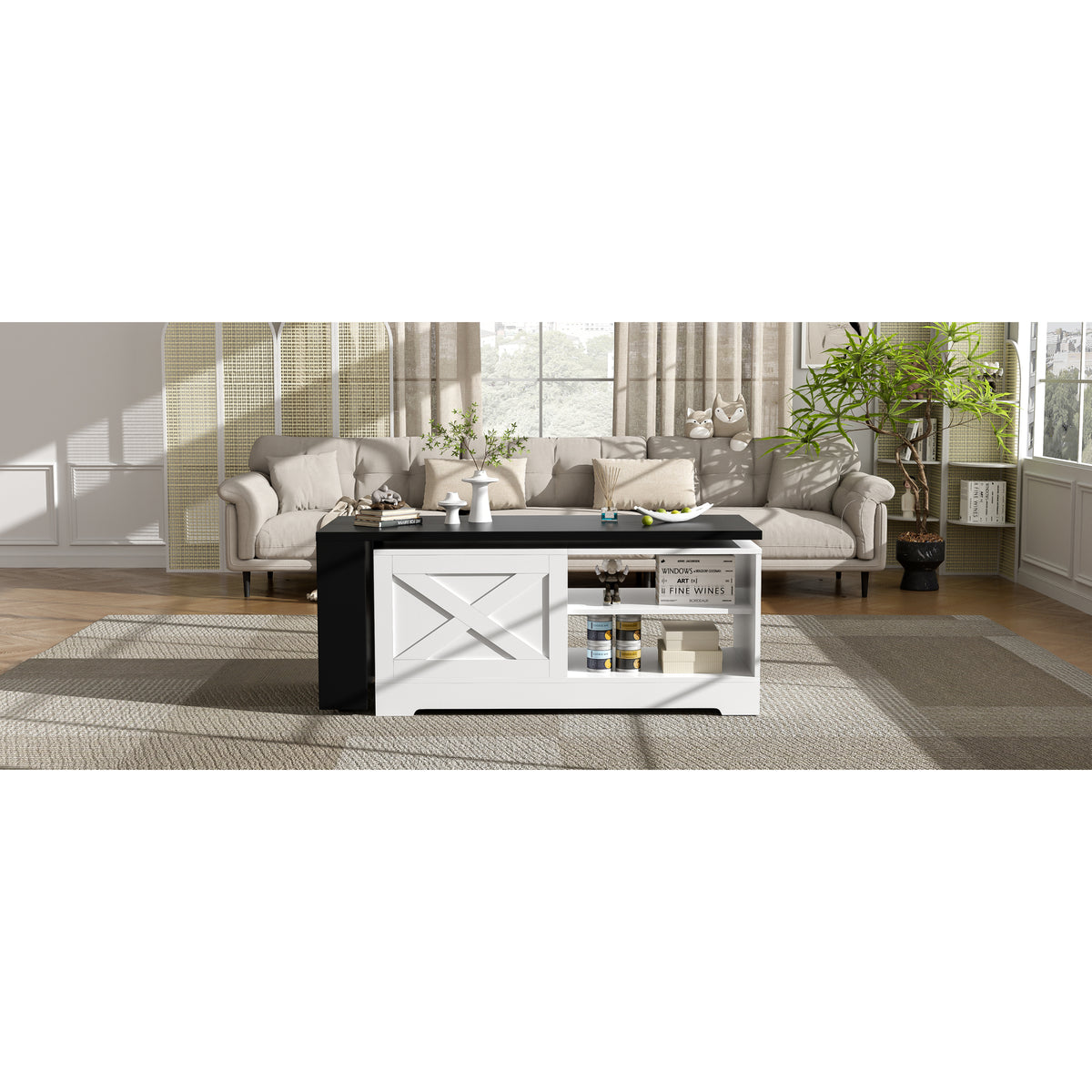 variant-group:rf-n724p351732k|Roomfitters Farmhouse Lift Top Coffee Table with Barn Doors and Outlets, White & Black
