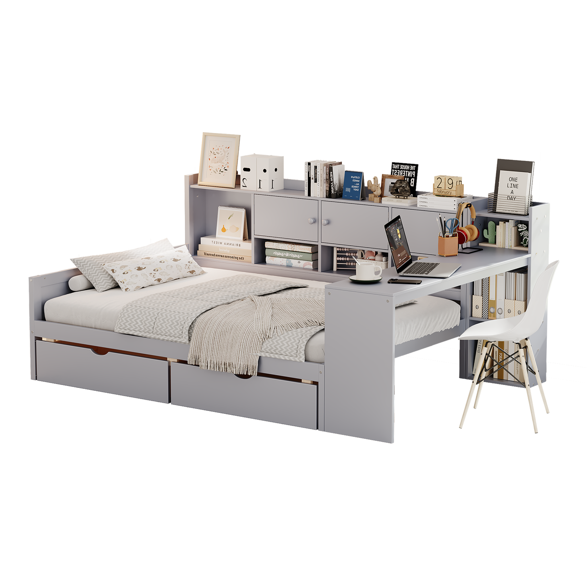 Roomfitters Wooden L-Shape Daybed with Storage Cabinets, Study Desk, Built-In Bookshelf, Space-Saving Platform Bed, Gray