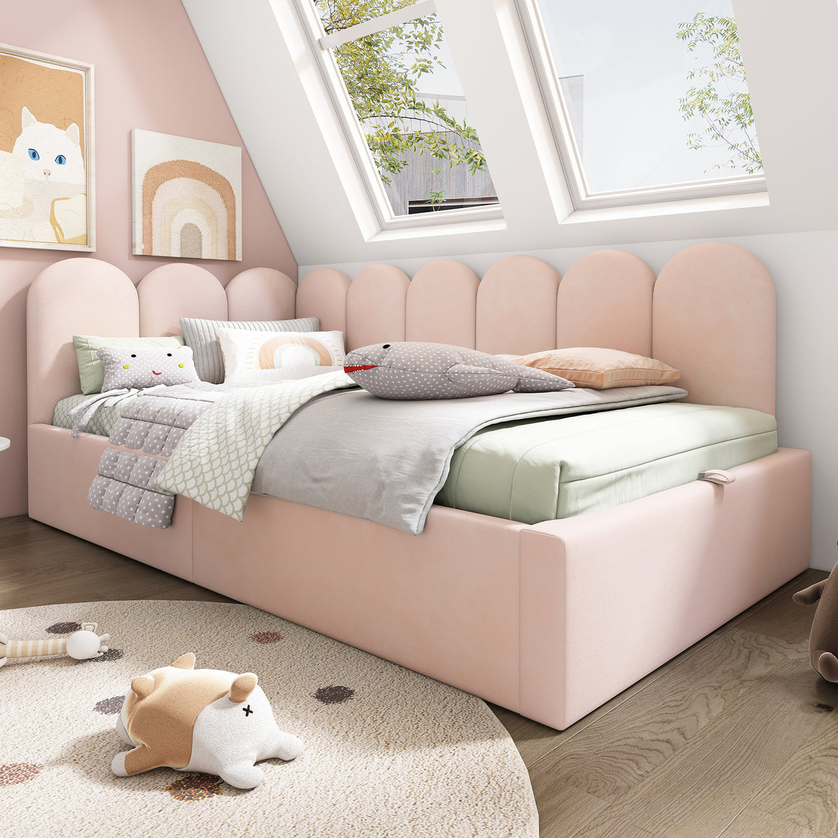 variant-group:rf-n736p333613p|Roomfitters Upholstered Twin Size Ottoman Daybed with Storage, Sofa Bed with Metal Slat Frame, Velvet Pink