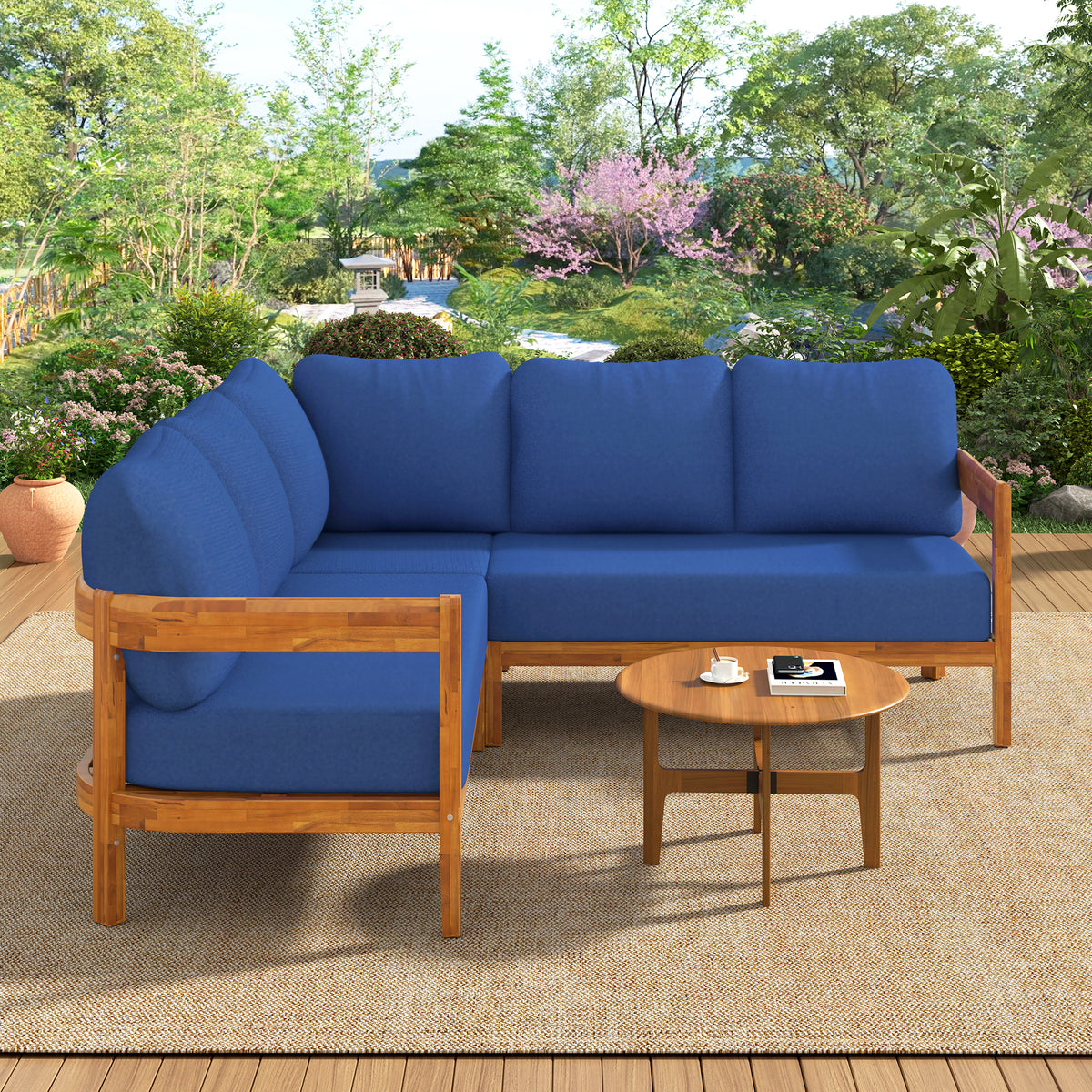 variant-group:rf-n711wy000481aac|Roomfitters Modern Coastal Blue Solid Acacia Wood L-Shaped Outdoor Patio Sectional Sofa Conversation Seating Set