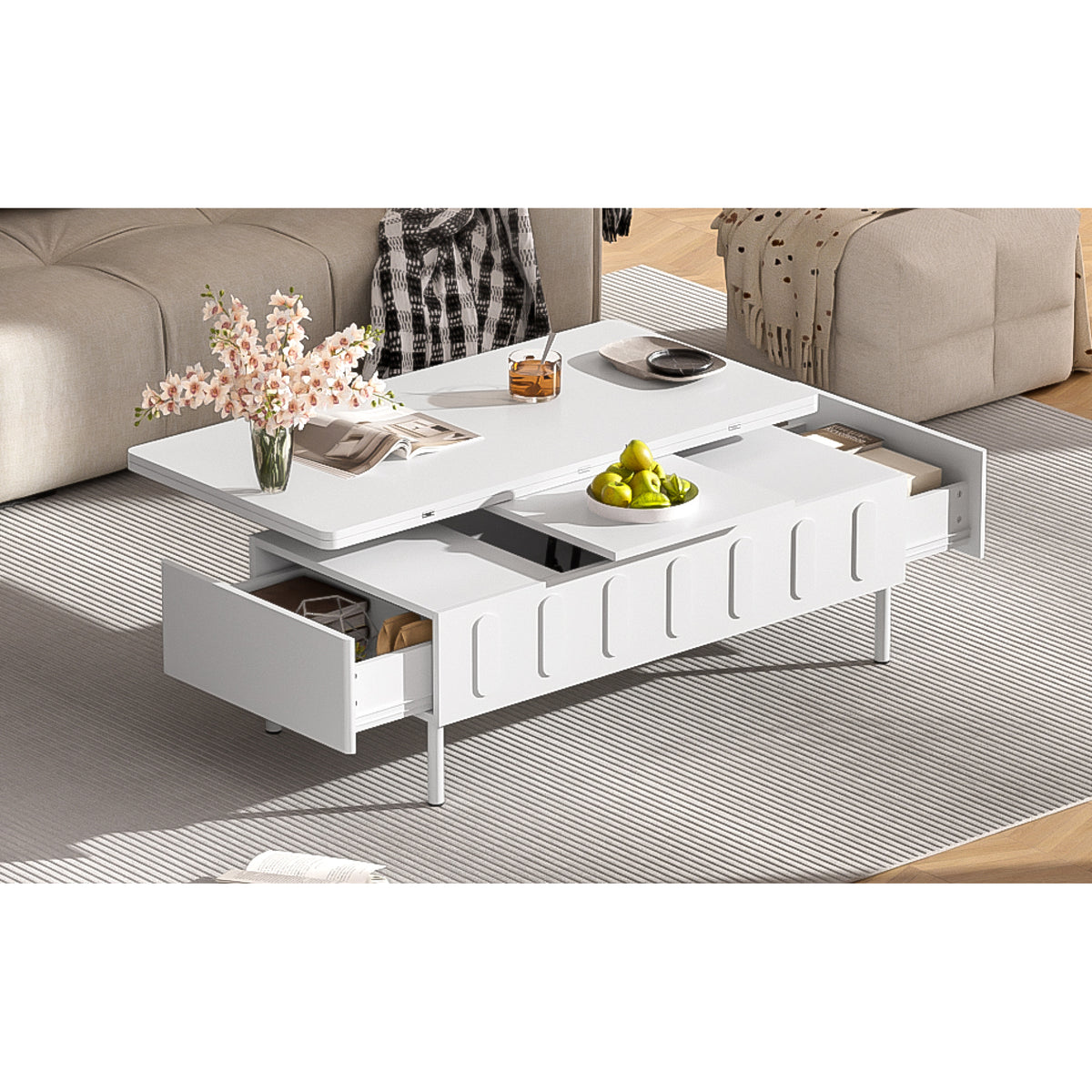 variant-group:rf-n724p292514k|Roomfitters Lift-Top Coffee Table with 2 Drawers and Foldable Top, Hidden Storage Compartment, Adjustable Center Table, White