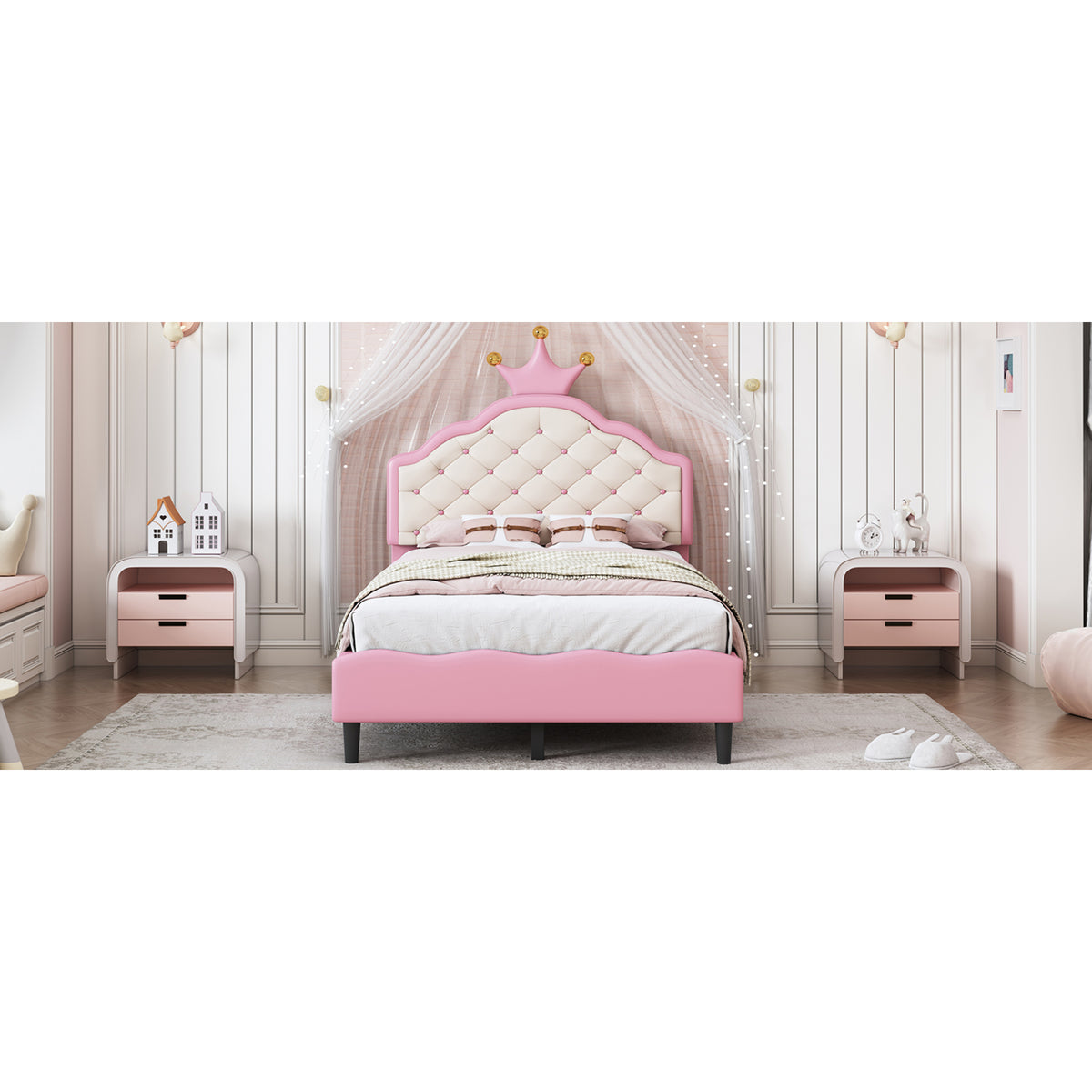 variant-group:rf-n733p198760h|Roomfitters Twin Size Upholstered Princess Bed with Crown Design, Elegant PU Leather Platform Bed with Tufted Headboard for a Stylish Bedroom, Pink + Cream