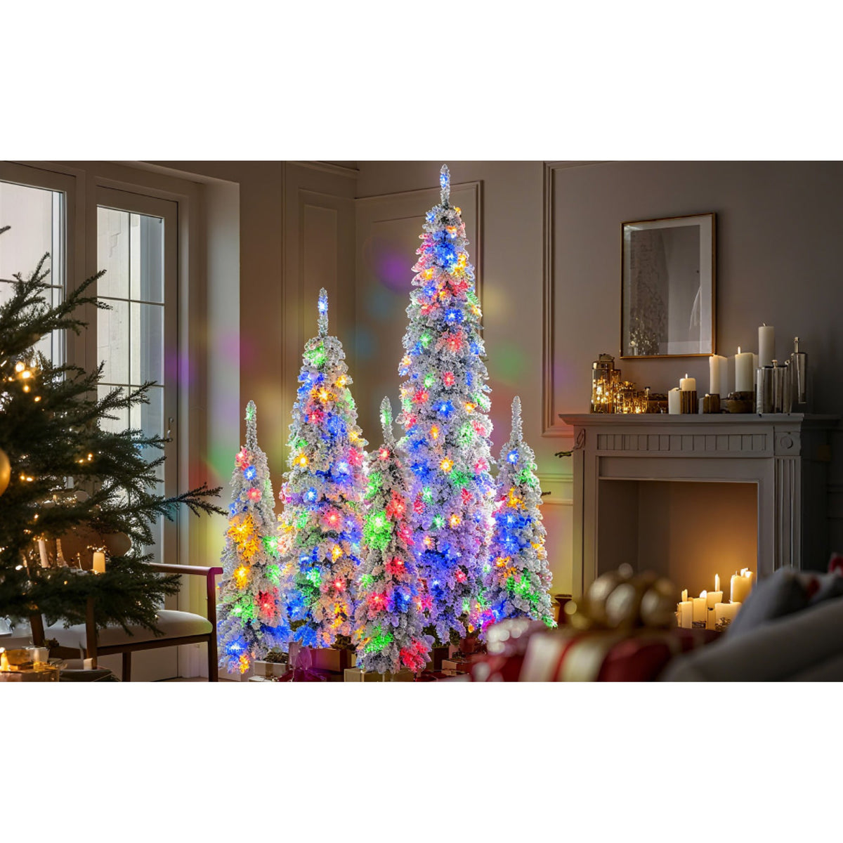 Roomfitters Pre-Lit Pencil Christmas Tree Set 8FT 6FT 4FT, 5-Pack Slim Snow-Flocked Artificial Trees with 1820 Tips, White Roomfitters