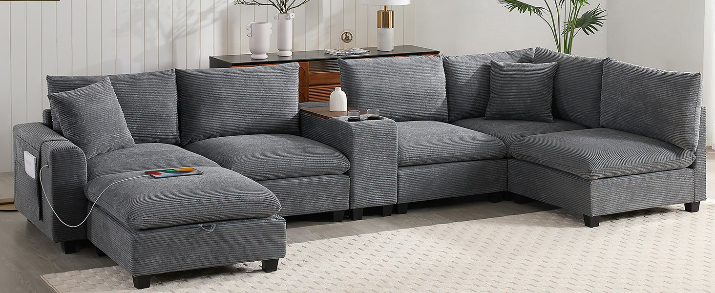 variant-group:rf-n723s1166e|Roomfitters 139 Inch U-Shaped Modular Sectional Sofa with Storage Console, Cup Holders and USB Ports for Living Room, Gray