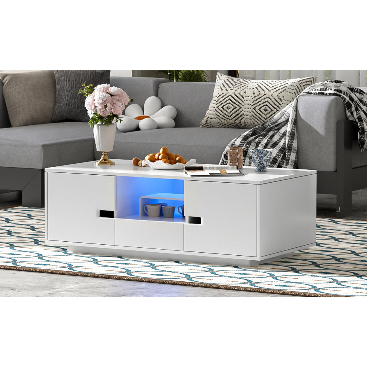 variant-group:rf-n724p294656k|Roomfitters Modern Glossy Coffee Table with Storage Space and Light Accent, Rectangle Center Table for Living Room, White
