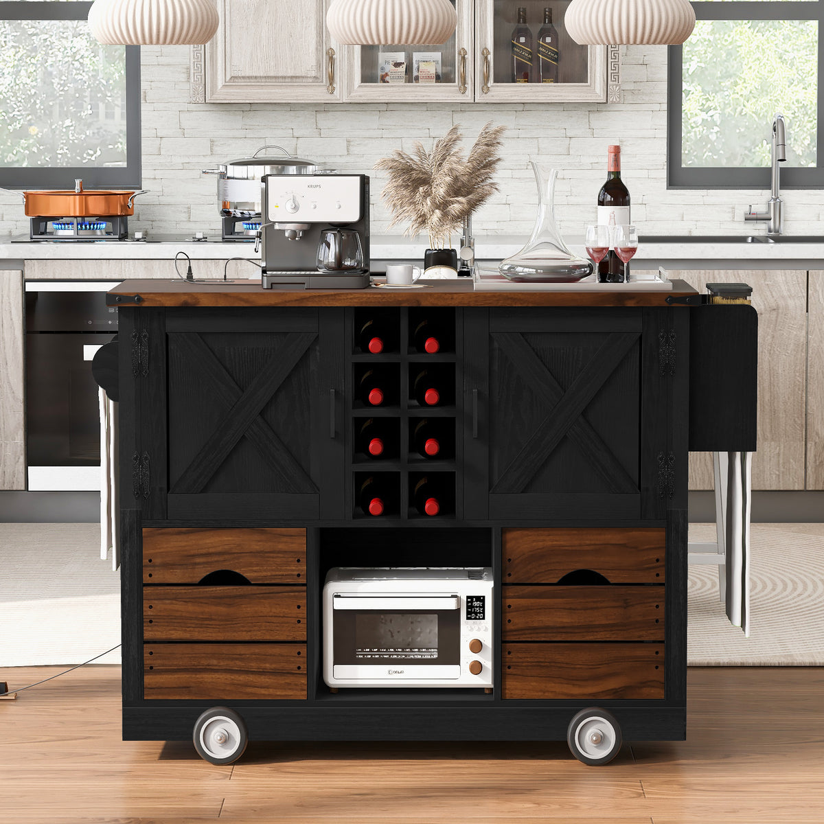 variant-group:rf-n707p349814b|Roomfitters 54" Farmhouse Kitchen Island with Drop Leaf, Power Outlet, Wine Rack, 2 Drawers, 2 Doors, Black