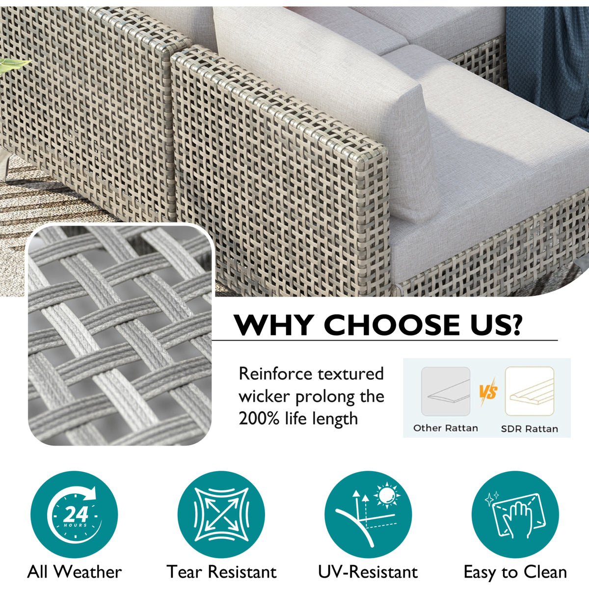 variant-group:rf-n707s000011g|Roomfitters 7-Piece Wicker Patio Furniture Set, Outdoor Sectional Sofa with Water-Resistant Cushions, Table, Grey