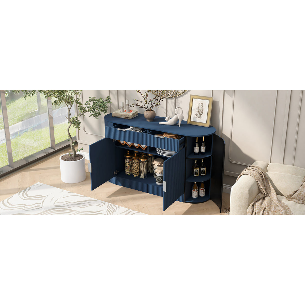 variant-group:rf-n711p345168v|Roomfitters 55.1" Oval Sideboard Buffet Cabinet with 2 Drawers & Wine Rack, Mid-century Modern Fluted Accent for Dining, Blue
