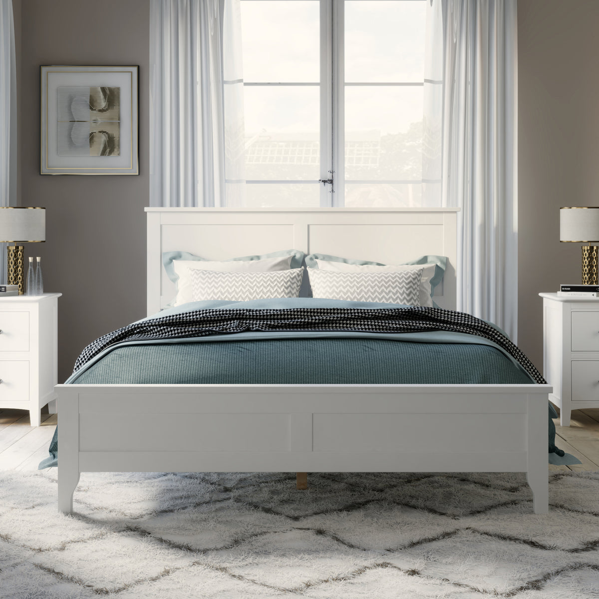 variant-group:rf-n701bs701p414277k|Roomfitters King Size Bed Frame with Paneled Headboard and Footboard, Traditional Wooden Platform Bed Frame, White