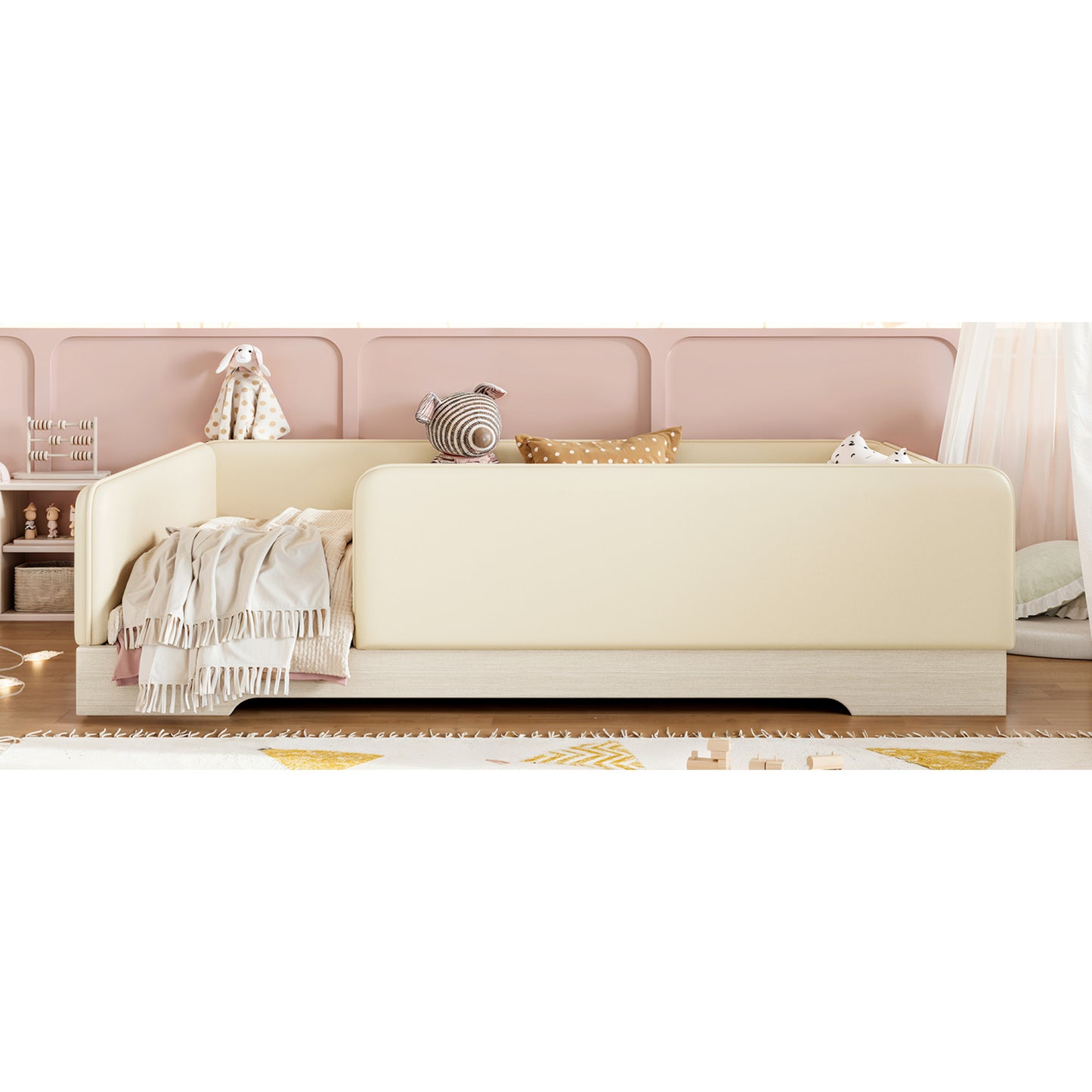 variant-group:rf-w1580s00671|Roomfitters Full Size Upholstered Floor Bed Frame with Removable Guardrails, Faux Leather Low Profile Platform, Beige
