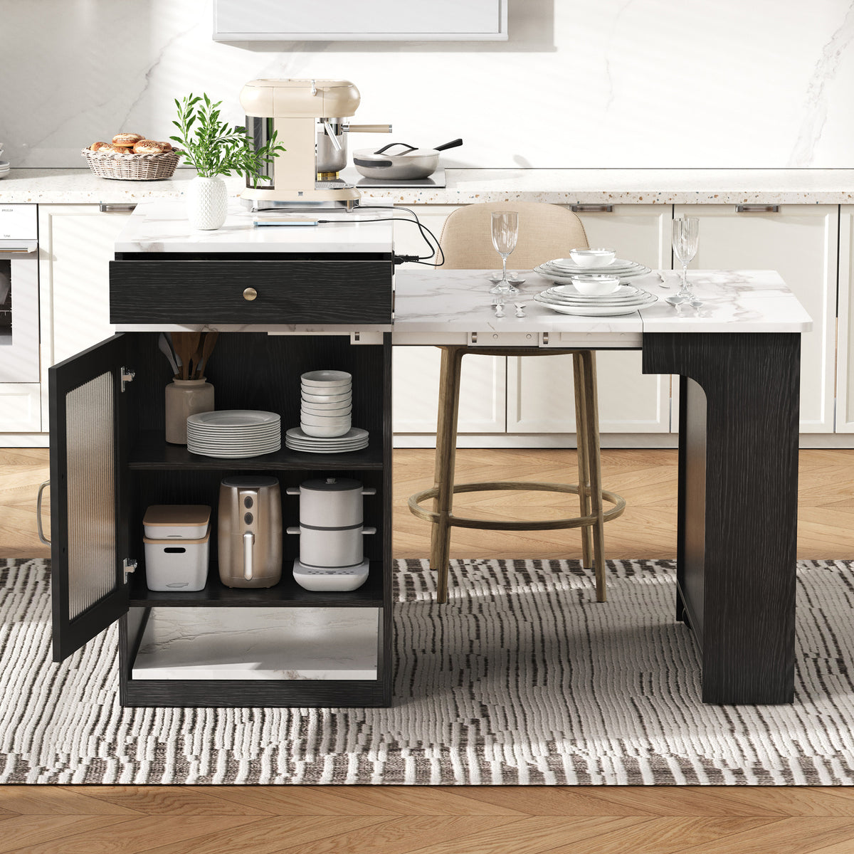 variant-group:rf-n707s000017b|Roomfitters 59.5" Kitchen Island with 41.8" Extendable Dining Table, Double-Sided Storage, Power Outlet, 2 Drawers, Black
