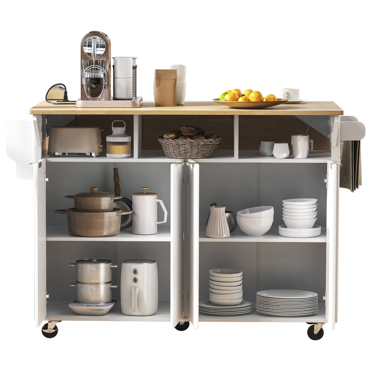 variant-group:rf-n707p353934w|Roomfitters 55.5" Fluted Kitchen Island with Double Drop Leaf, White Storage Cart with Power Outlet & Wood-grain Top