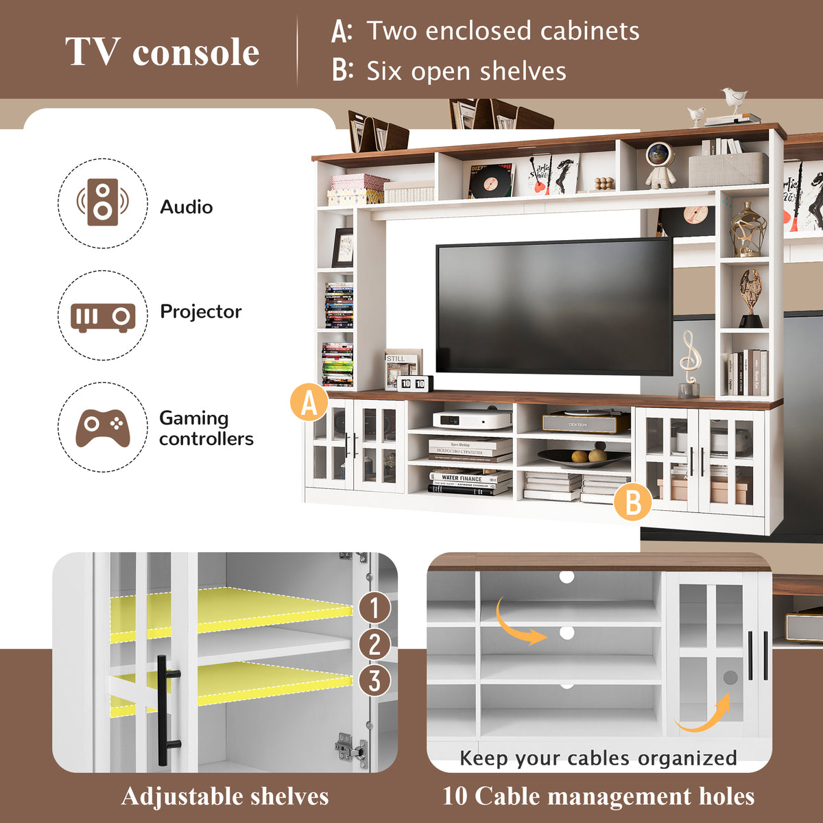 variant-group:rf-n724sj000161aak|Roomfitters 102"W Wall Unit Modern Entertainment Center, 18 Open Storage Shelves, White