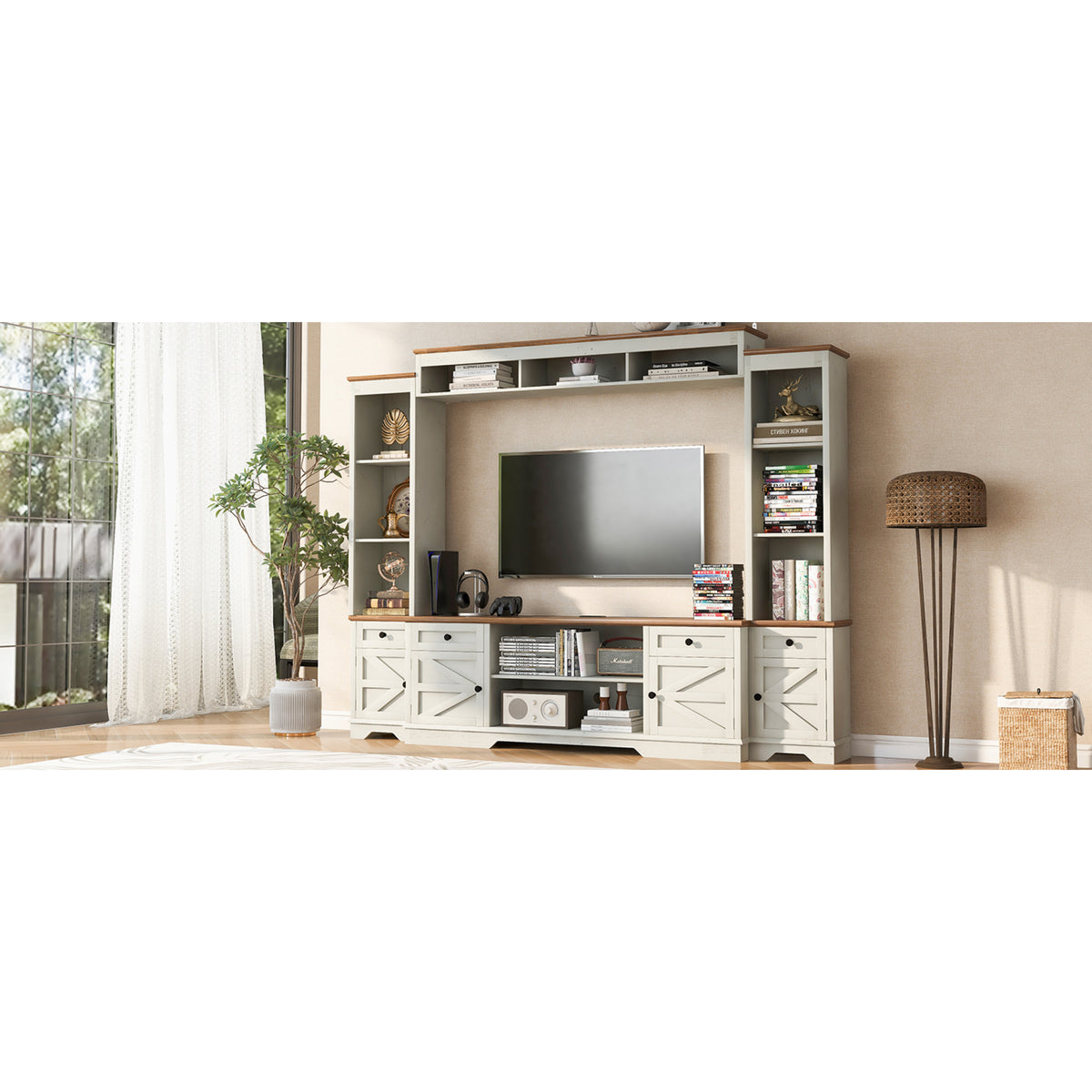 variant-group:rf-n724sj000154aak|Roomfitters 98.8"W Farmhouse Wall Unit Entertainment Center, 4 Barn Doors, White & Walnut