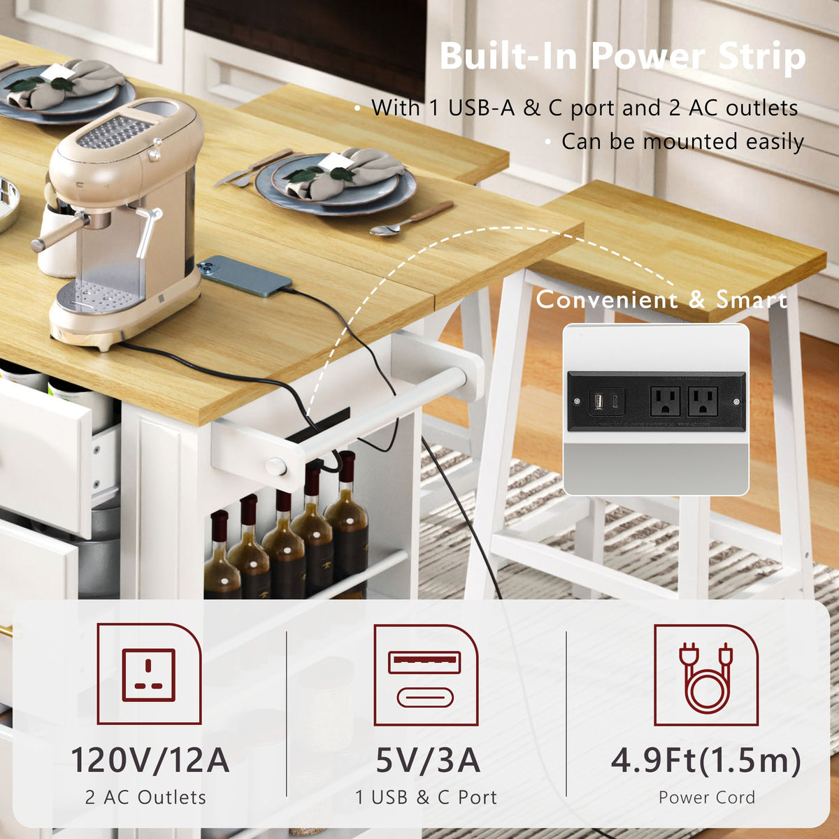 variant-group:rf-n707s307292w|Roomfitters 51" Kitchen Island with Power Outlet and Drop Leaf, Rolling Cabinet with Pull-Out Trash Can Drawer, White
