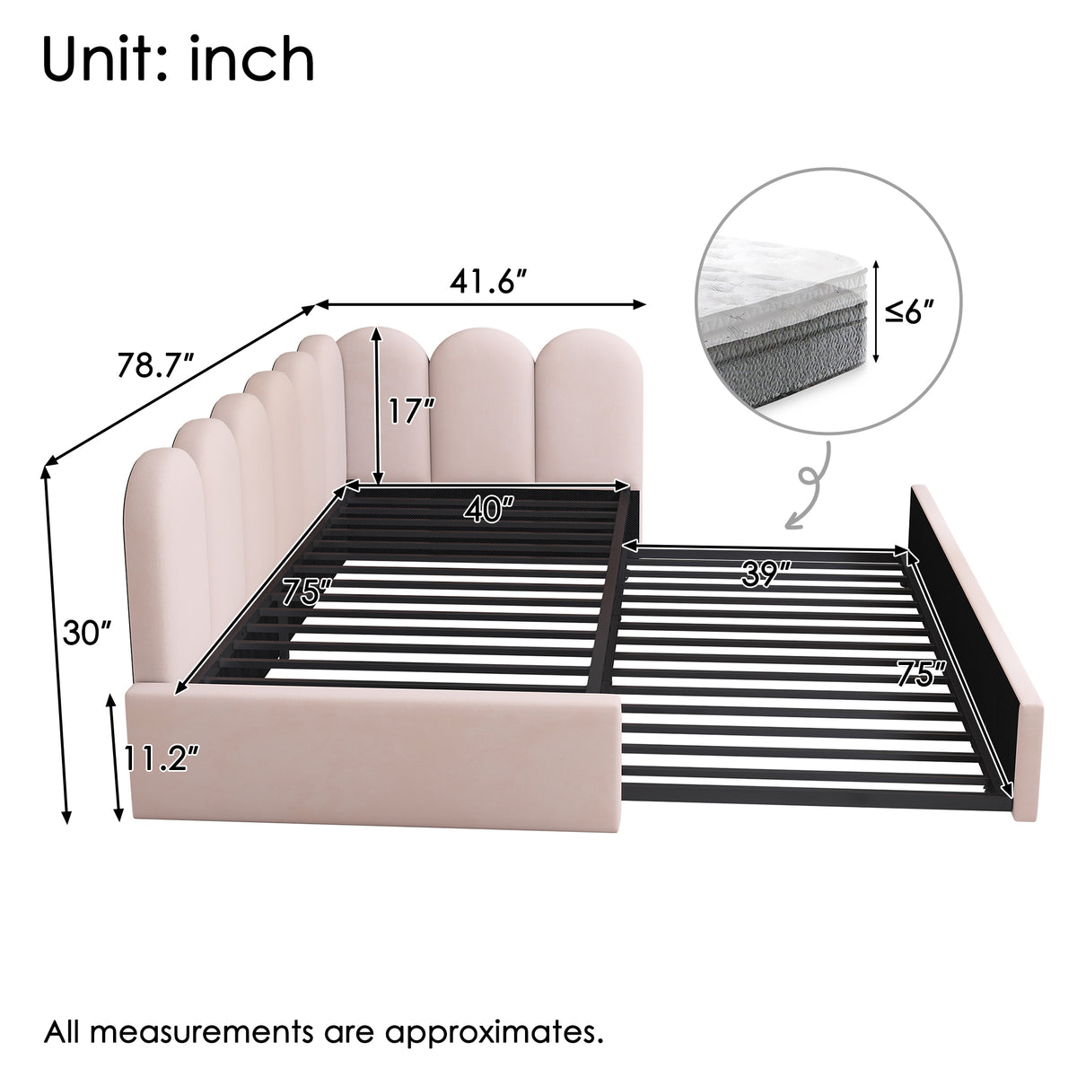 variant-group:rf-n736aa20362122p|Roomfitters Velvet Upholstered Twin Daybed with Pull Out Trundle, Sofa Bed with Metal Slat Frame, Pink