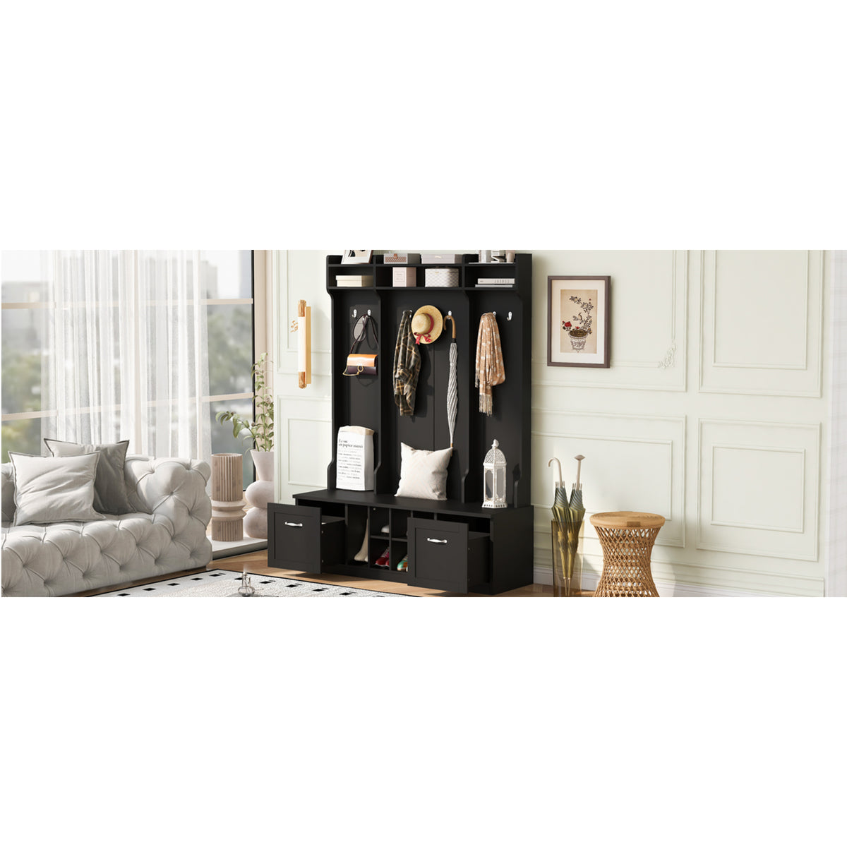 variant-group:rf-n724p235232b|Roomfitters 5-in-1 Entryway Bench with Coat Rack, Hooks, Drawers and Adjustable Shelves, Hall Tree for Hallway or Living Room, Black