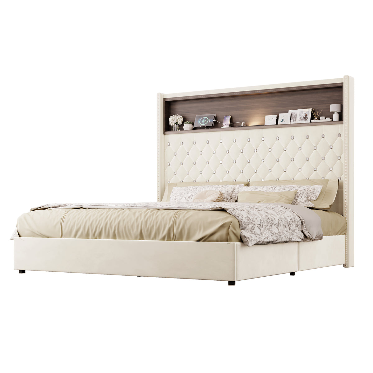 variant-group:rf-n733p367135a|Roomfitters Queen Velvet Tufted Platform Bed with Charging Ports, Tall Wingback Headboard with Rivet Trim and Shelf, Beige