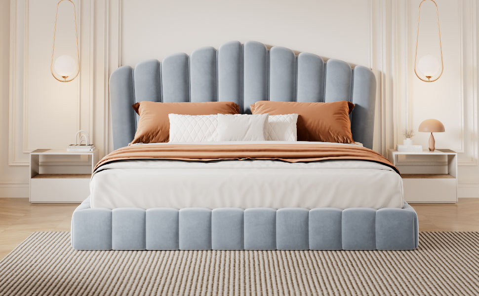 Roomfitters Queen Size Shell-Shaped Velvet Upholstered Platform Bed, Channel Tufted Headboard, No Box Spring Needed, Light Blue Roomfitters