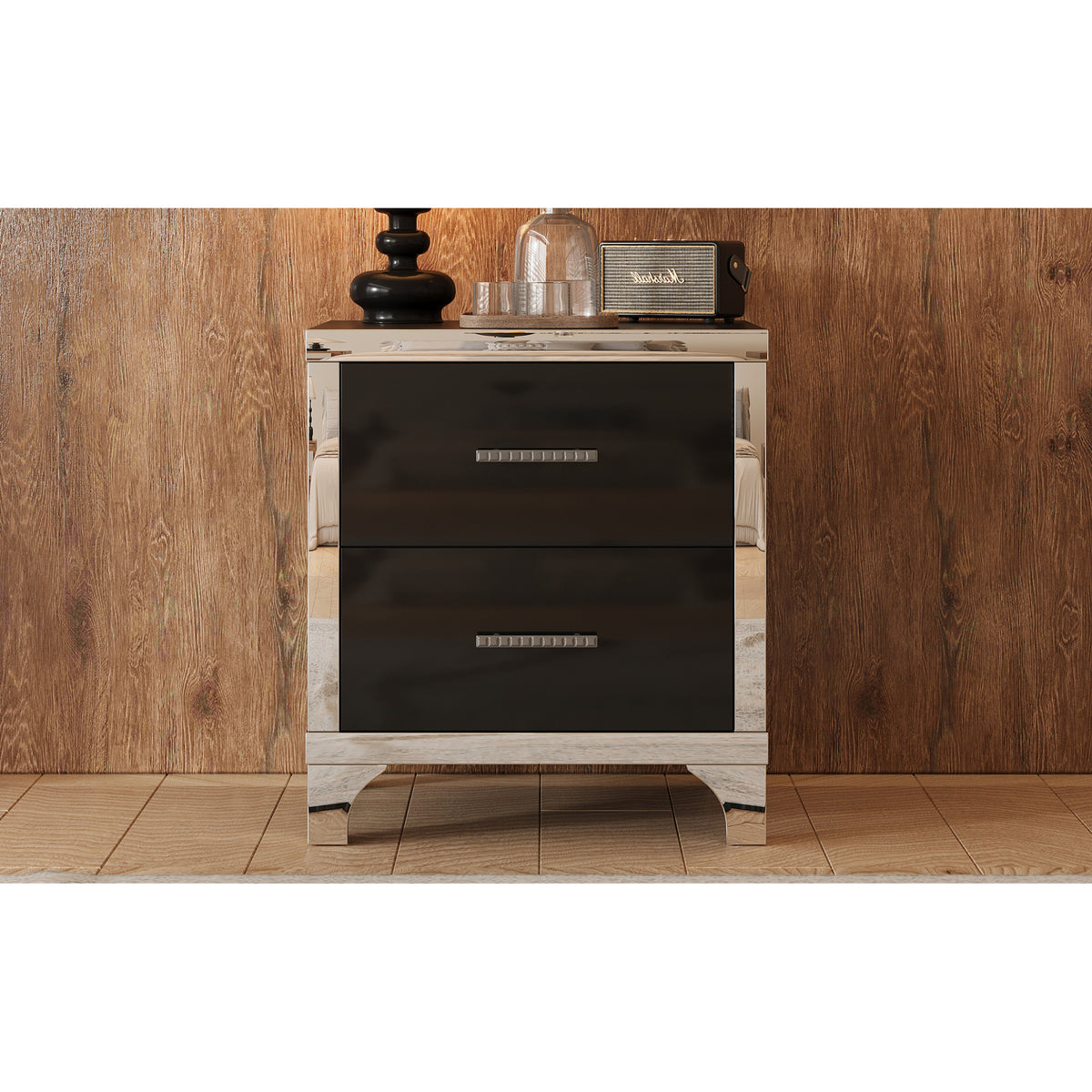 variant-group:rf-n733p205356b|Roomfitters High Gloss Nightstand with Metal Handle, Mirrored Bedside Storage Table for Bedroom or Living Room, Black
