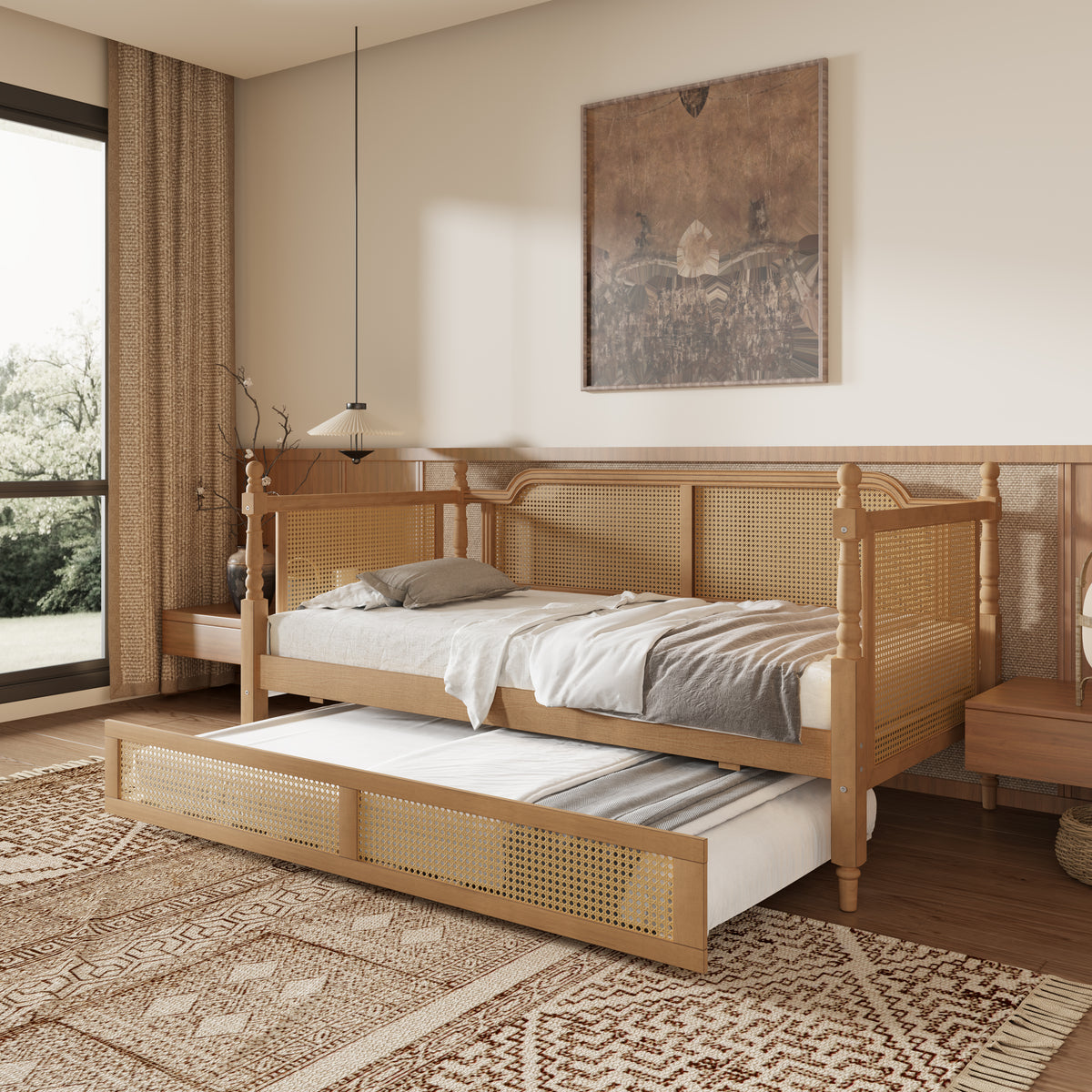 variant-group:rf-n701bs701p415494d|Roomfitters Full Size Traditional Rattan Daybed Frame with 2 Storage Drawers, French Country Wood Bed, No Box Spring, Walnut