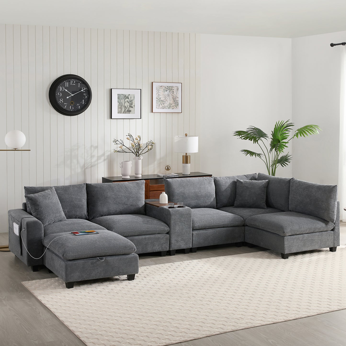 variant-group:rf-n723s1166e|Roomfitters 139 Inch U-Shaped Modular Sectional Sofa with Storage Console, Cup Holders and USB Ports for Living Room, Gray