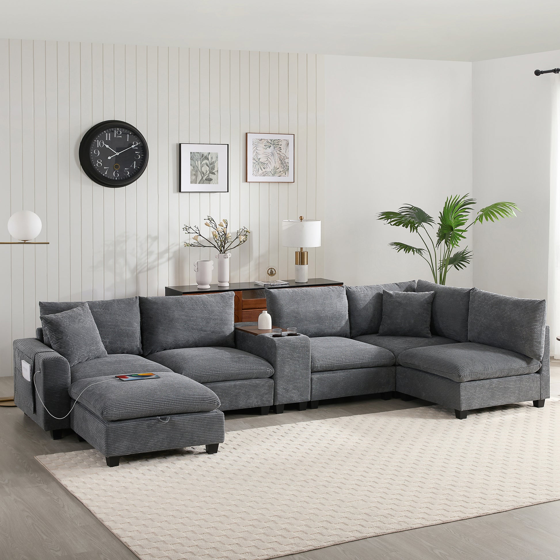 variant-group:rf-n723s1166e|Roomfitters 139 Inch U-Shaped Modular Sectional Sofa with Storage Console, Cup Holders and USB Ports for Living Room, Gray