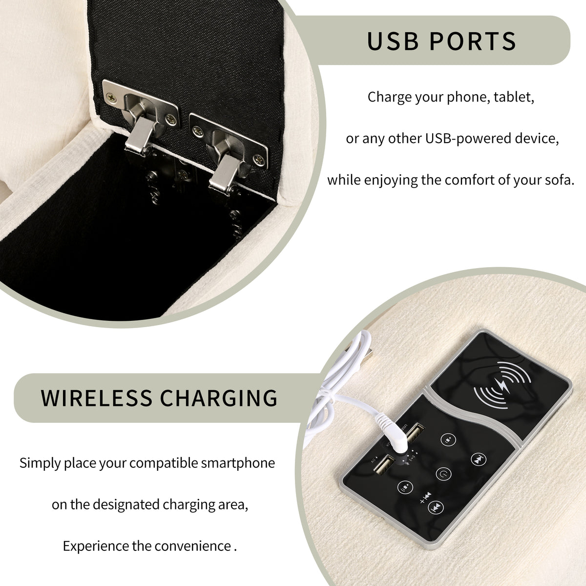 variant-group:rf-n711wy000413aaa|Roomfitters Upholstered Modular Sofa with Storage Space, USB Charging Ports, Wireless Charging, Built-in Bluetooth Speaker, Sectional Sofa for Living Room and Apartment, Beige
