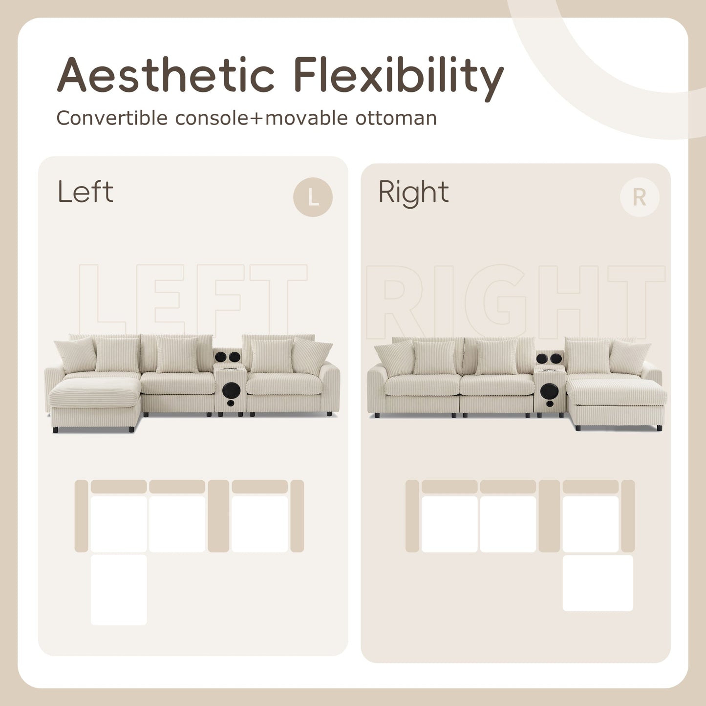 Roomfitters 112 Inch L-Shaped Modular Sectional Sofa with Bluetooth Speaker, Console and Cup Holders for Home, Cream Roomfitters
