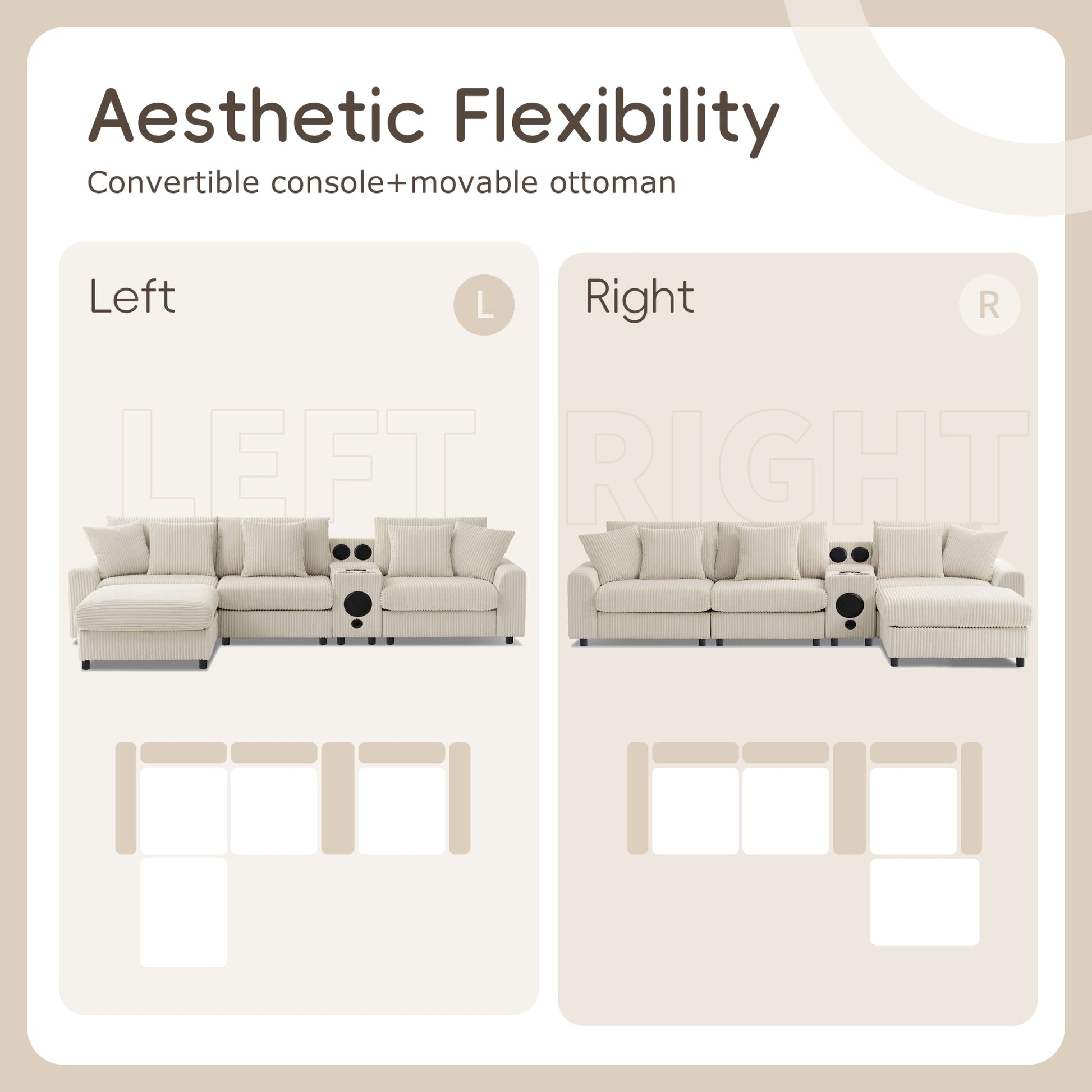 Roomfitters 112 Inch L-Shaped Modular Sectional Sofa with Bluetooth Speaker, Console and Cup Holders for Home, Cream Roomfitters