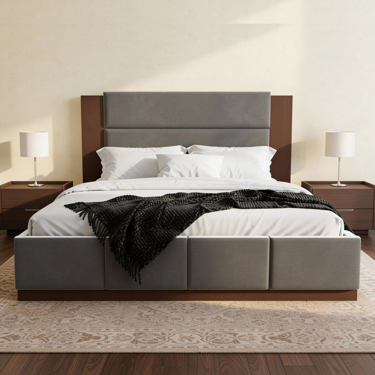 variant-group:rf-n701bs701p388103e|Roomfitters Queen Size Upholstered Platform Bed Frame, Extended Wood Headboard Velvet Bed, No Box Spring Needed, Grey