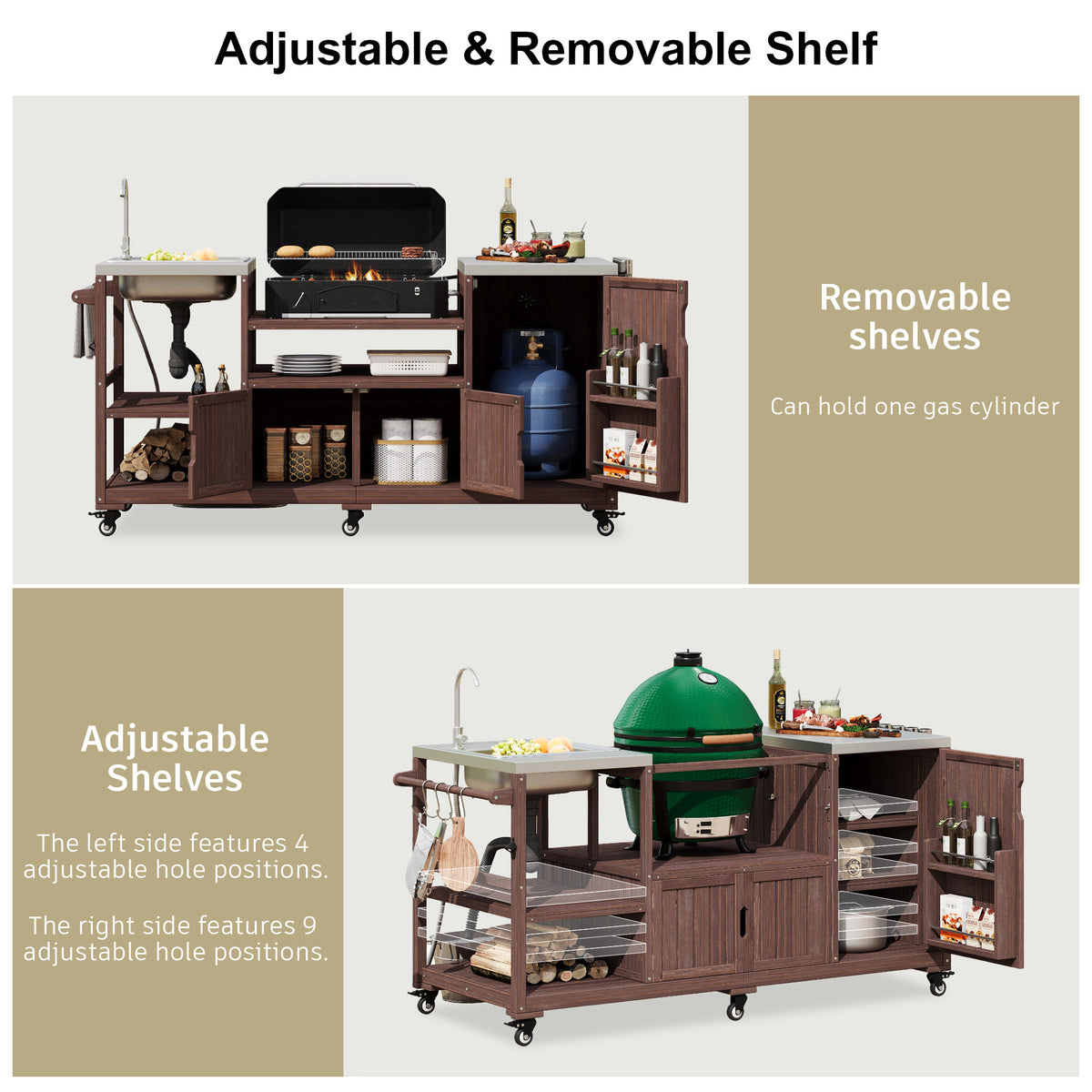 variant-group:rf-n707s000022z|Roomfitters 75.4" Outdoor Kitchen Island with Sink, Fir Wood Grill Cart for XL Green Egg & Tabletop Grills, Brown