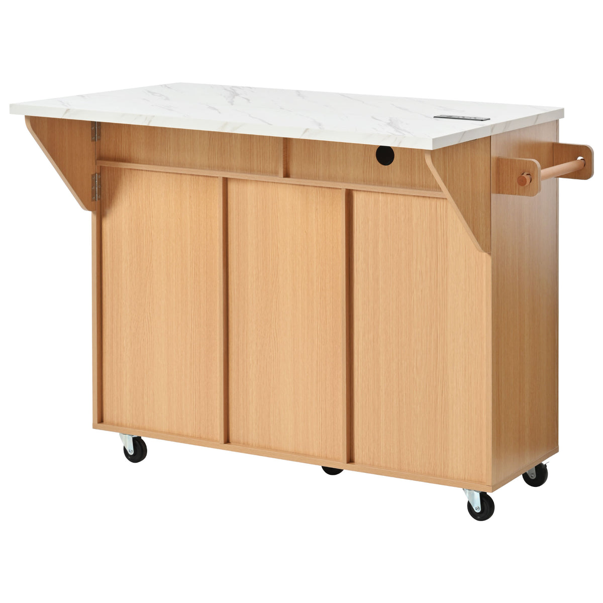 variant-group:rf-n707s000019y|Roomfitters 52" Fluted Kitchen Island with Drop Leaf, Power Outlet & Faux Marble Top, Natural