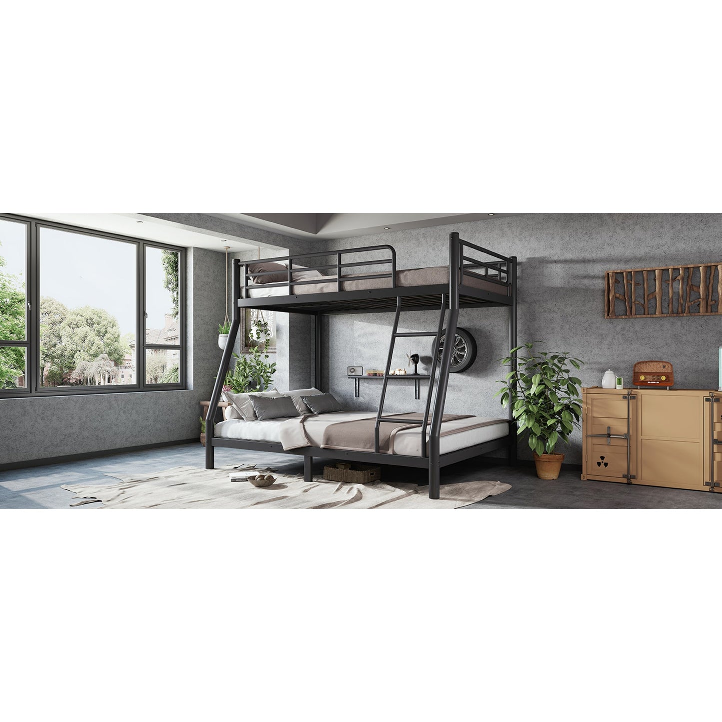 Roomfitters Twin over Full Bunk Bed Frame for Teens Adults, Heavy Duty Metal Round Tube Noise Free No Box Spring, Black