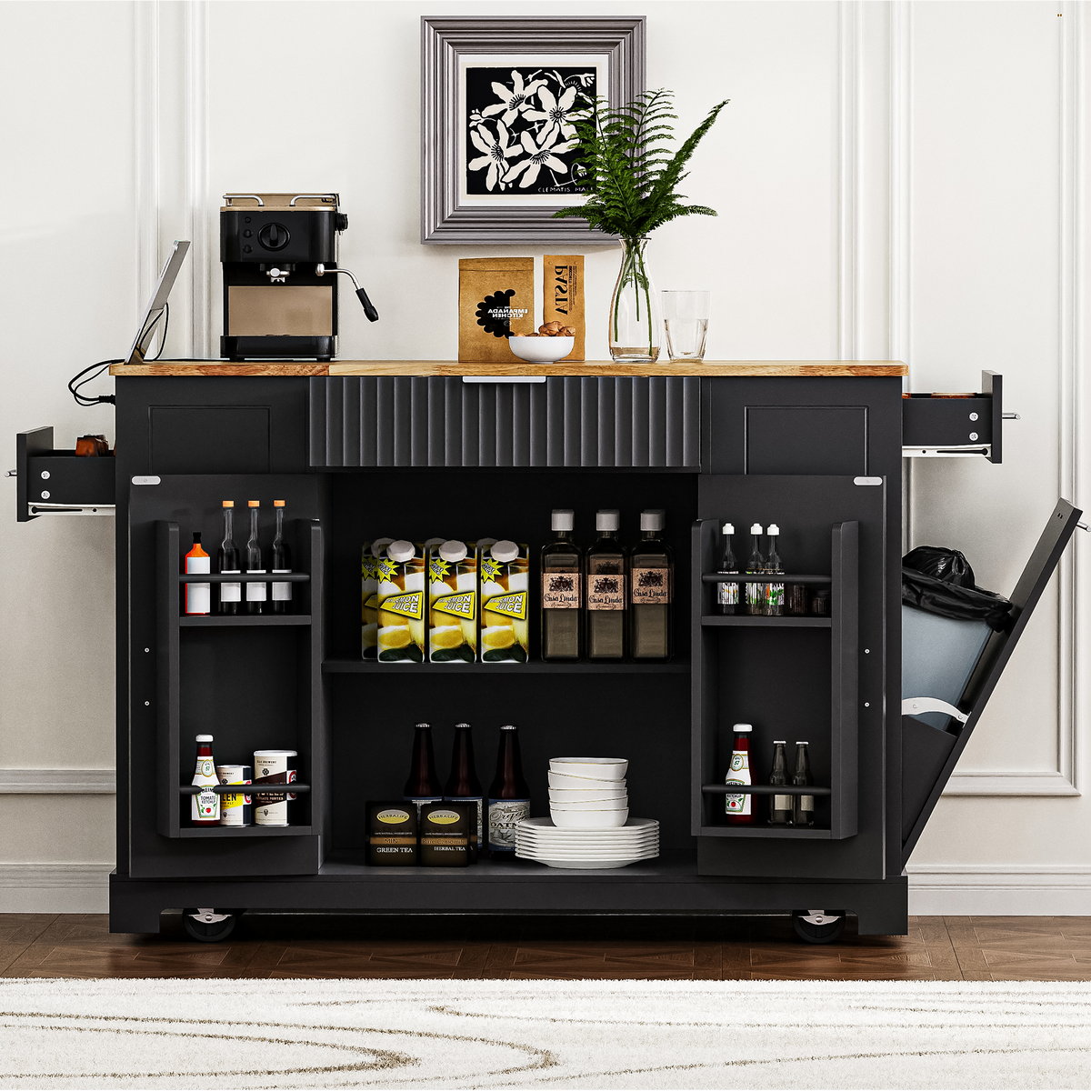 variant-group:rf-n707s221571b|Roomfitters Kitchen Island with Tilt Out Trash Can and Power Outlet, Fluted Storage Cabinet on Wheels, Black