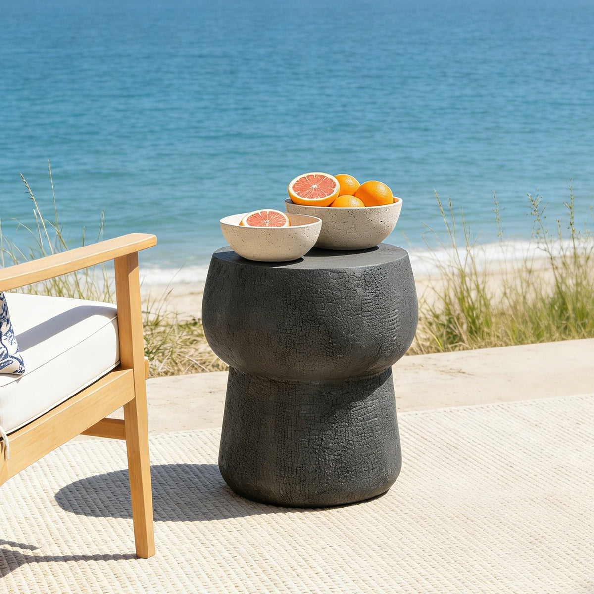 variant-group:rf-n711p422075b|Roomfitters Modern Black Double Barrel Patio Side Table, Distressed Concrete Coffee Table, MgO Garden Stool