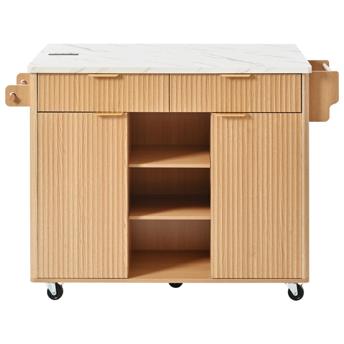 variant-group:rf-n707s000019y|Roomfitters 52" Fluted Kitchen Island with Drop Leaf, Power Outlet & Faux Marble Top, Natural