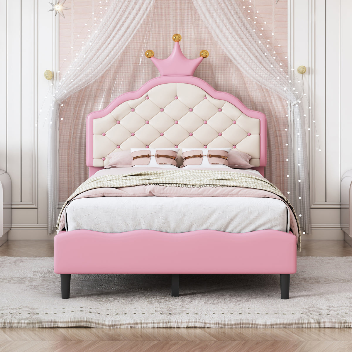 variant-group:rf-n733p198760h|Roomfitters Twin Size Upholstered Princess Bed with Crown Design, Elegant PU Leather Platform Bed with Tufted Headboard for a Stylish Bedroom, Pink + Cream