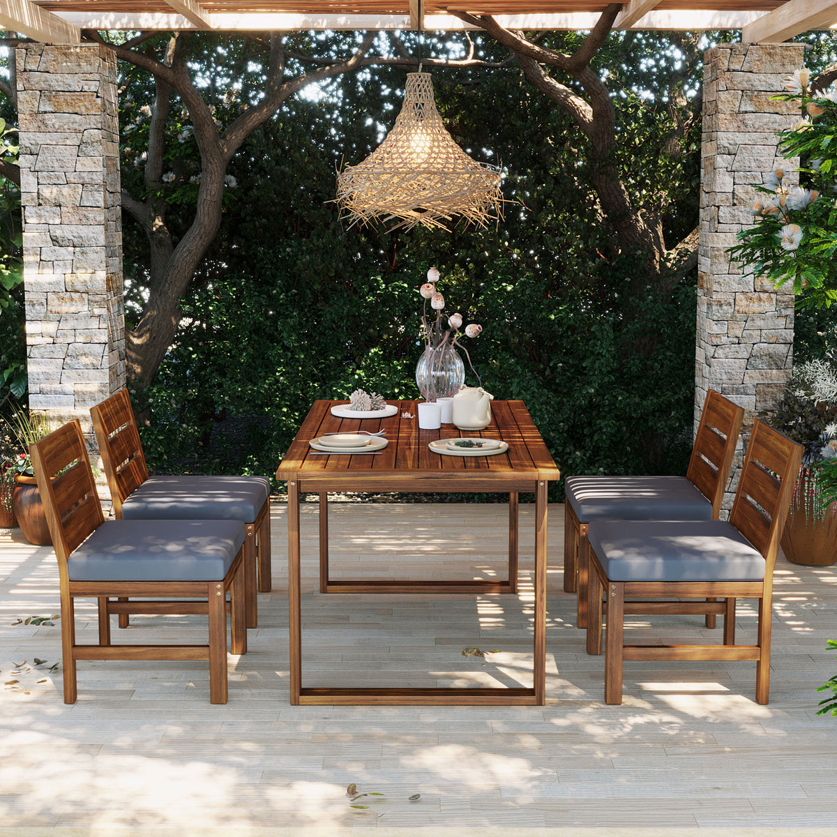 variant-group:rf-n711wy000497aae|Roomfitters Farmhouse 5-Piece Outdoor Dining Set for 4, Acacia Wood Table and Chair Pack, Brown and Grey Slatted