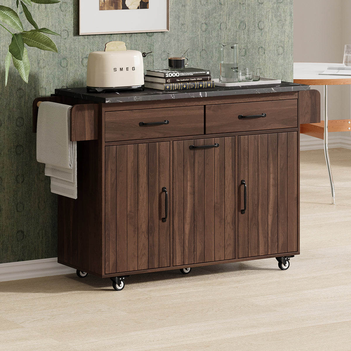 variant-group:rf-n707wf326381aaz|Roomfitters Kitchen Island with Trash Can Storage Cabinet, Grey - Drop Leaf, Spice Rack, Towel Rack, Drawer, Adjustable Shelf, Rolling Island on Wheels, Walnut Brown