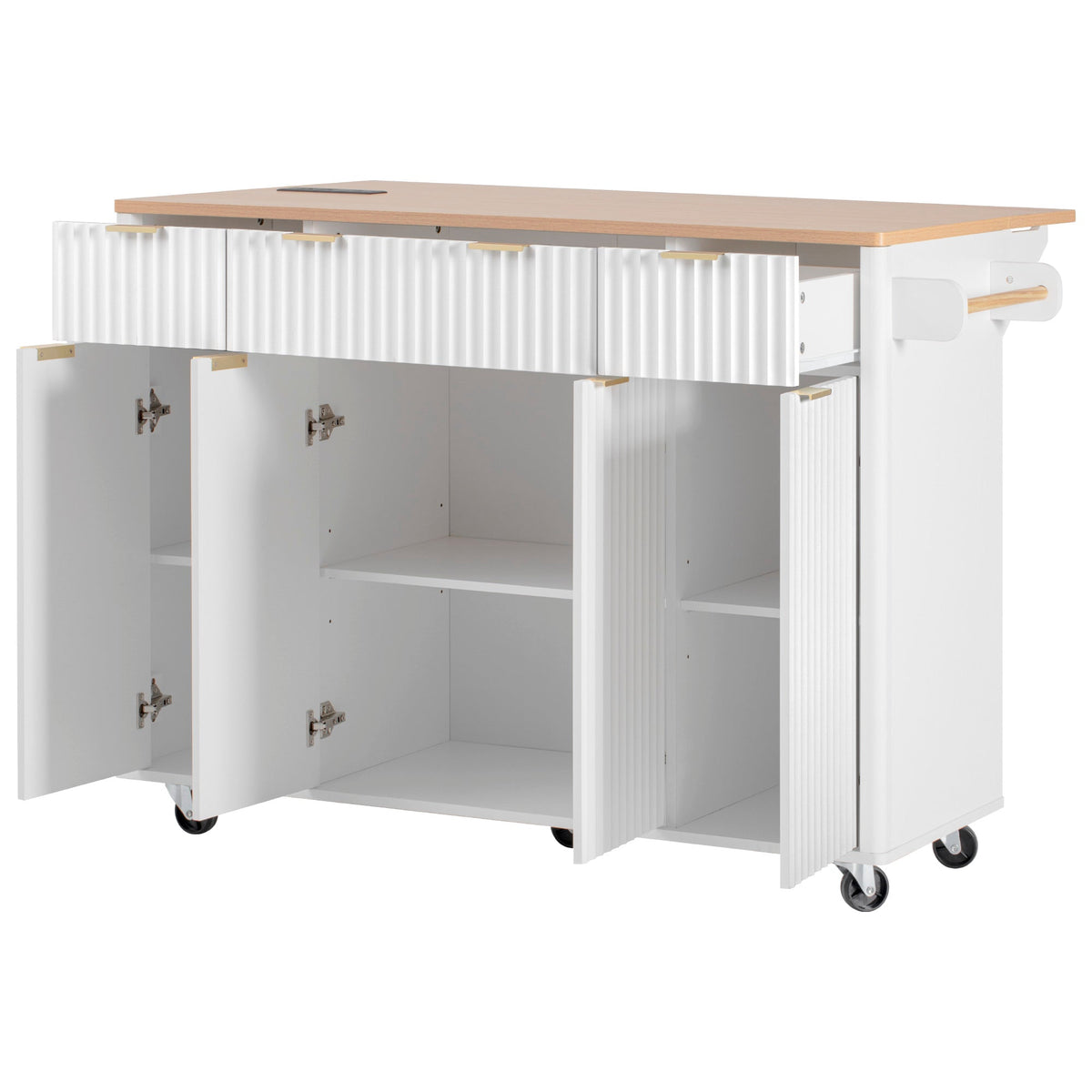 Roomfitters 55.5" Kitchen Island with Power Outlet and Drop Leaf, Rolling Storage Cabinet with Fluted Door Design, White