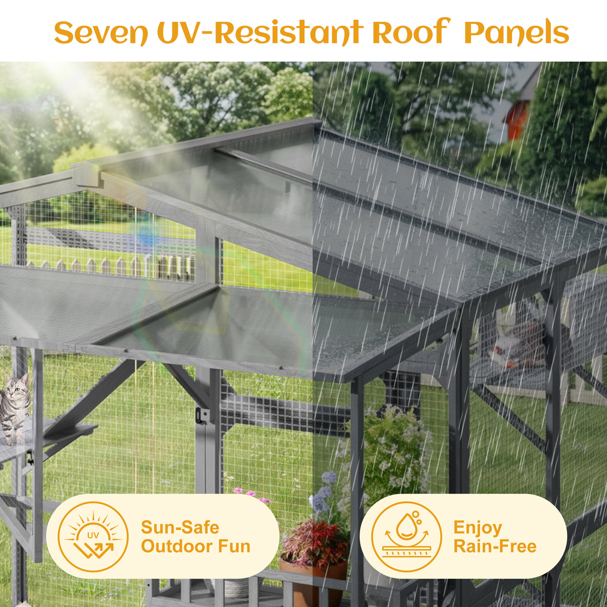 variant-group:rf-n704g201620e|Roomfitters Extra Large Wood Catio Cat Cage Outdoor Kennel with Transparent Sunroof and Dual Storage Shelves Gray