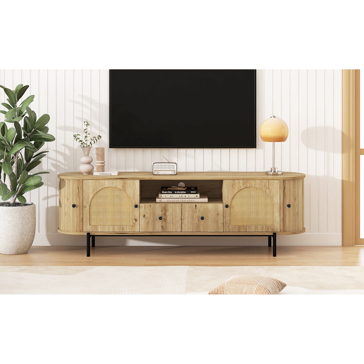 variant-group:rf-n724p437189d|Roomfitters American Style TV Stand with Rattan Arched Doors, Steel Legs, Burly Wood