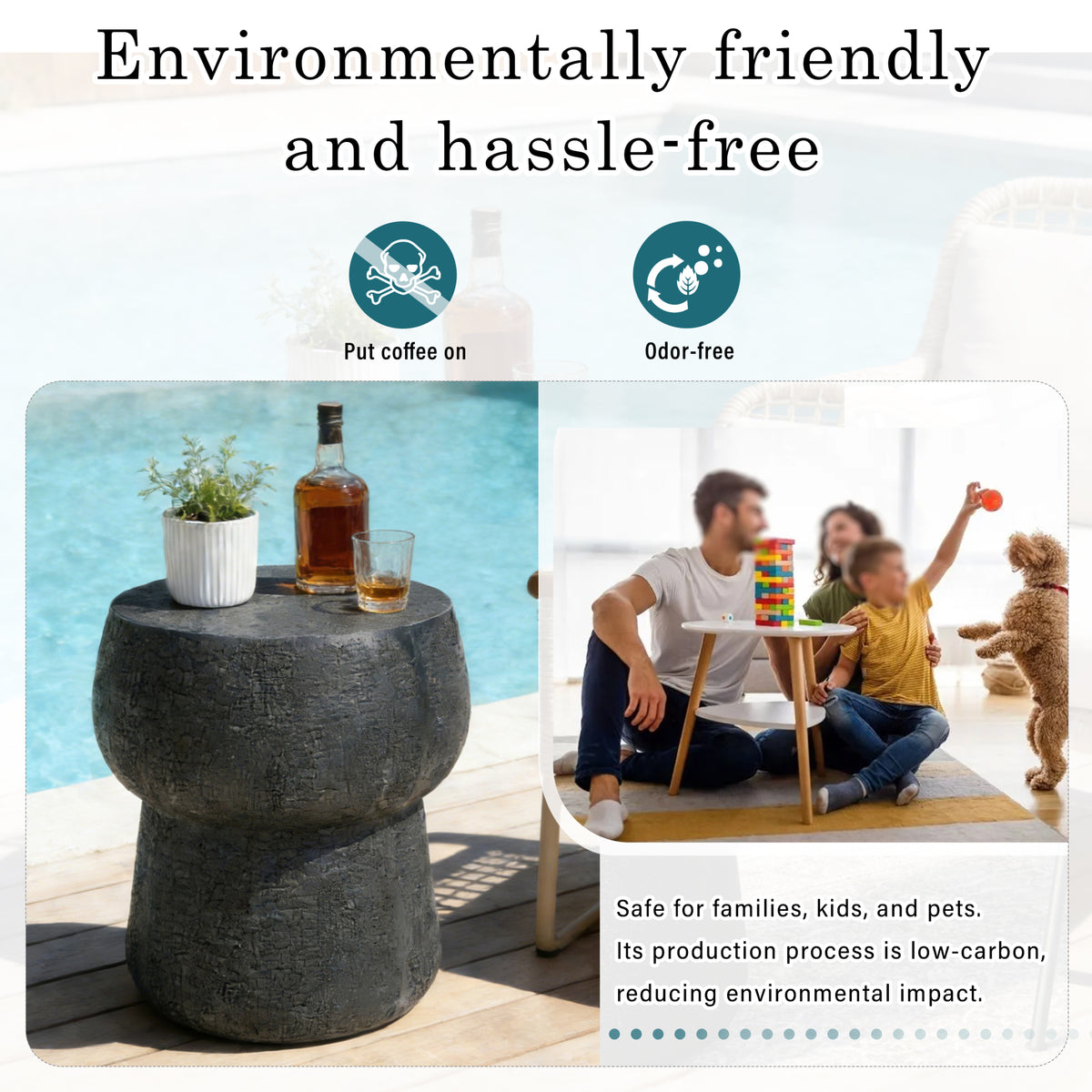 variant-group:rf-n711p422075b|Roomfitters Modern Black Double Barrel Patio Side Table, Distressed Concrete Coffee Table, MgO Garden Stool