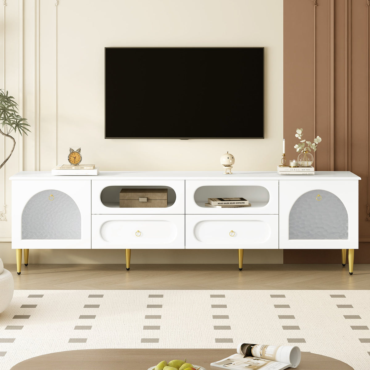Roomfitters Retro TV Stand for up to 85 Inch TV, Media Console Cabinet with Drawers, Cabinets and Metal Legs, White Roomfitters