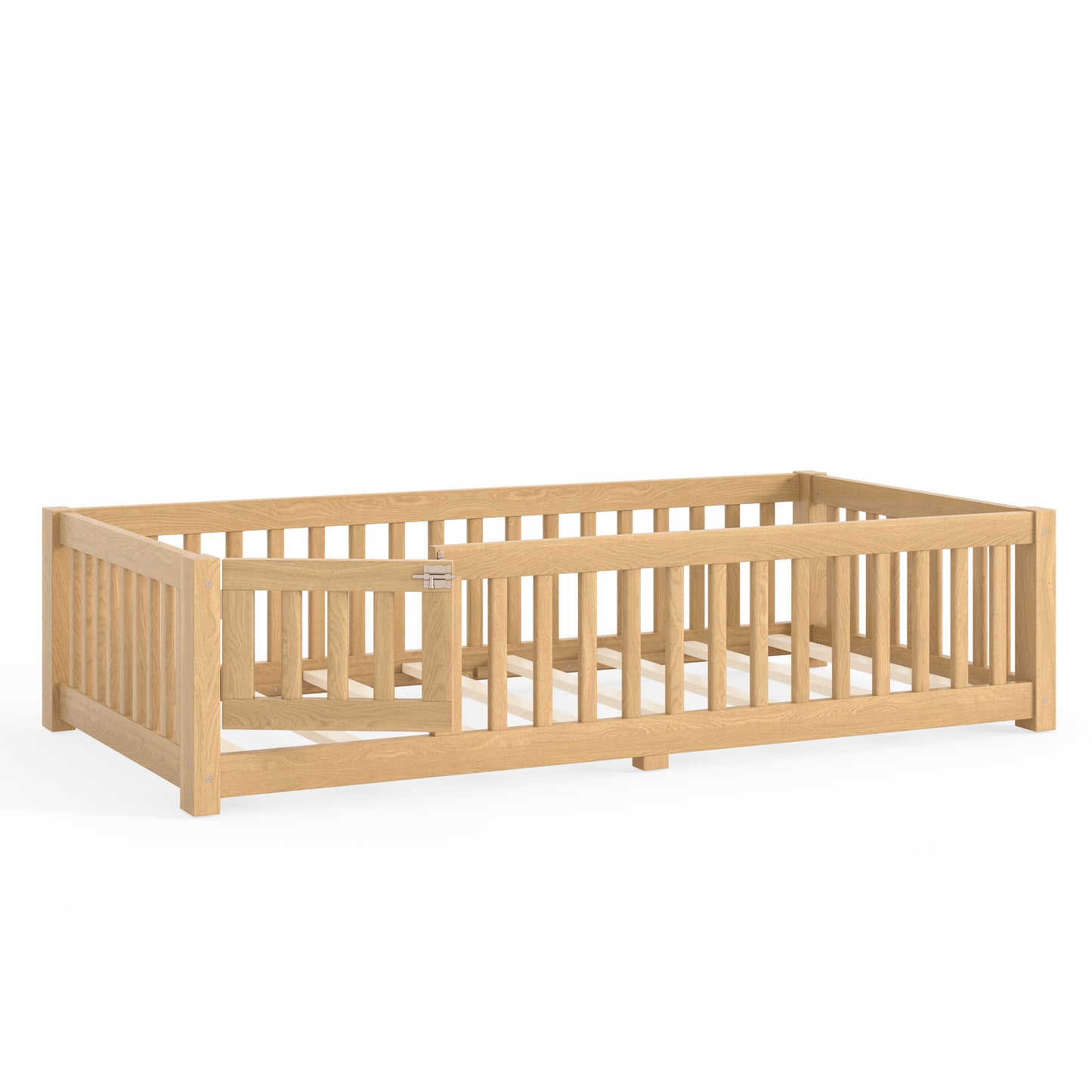 variant-group:rf-w1580p462314|Roomfitters Twin Size Wooden Floor Bed Frame with Safety Guardrails Door, Solid Wood Low Profile Toddler Play Bed, Natural